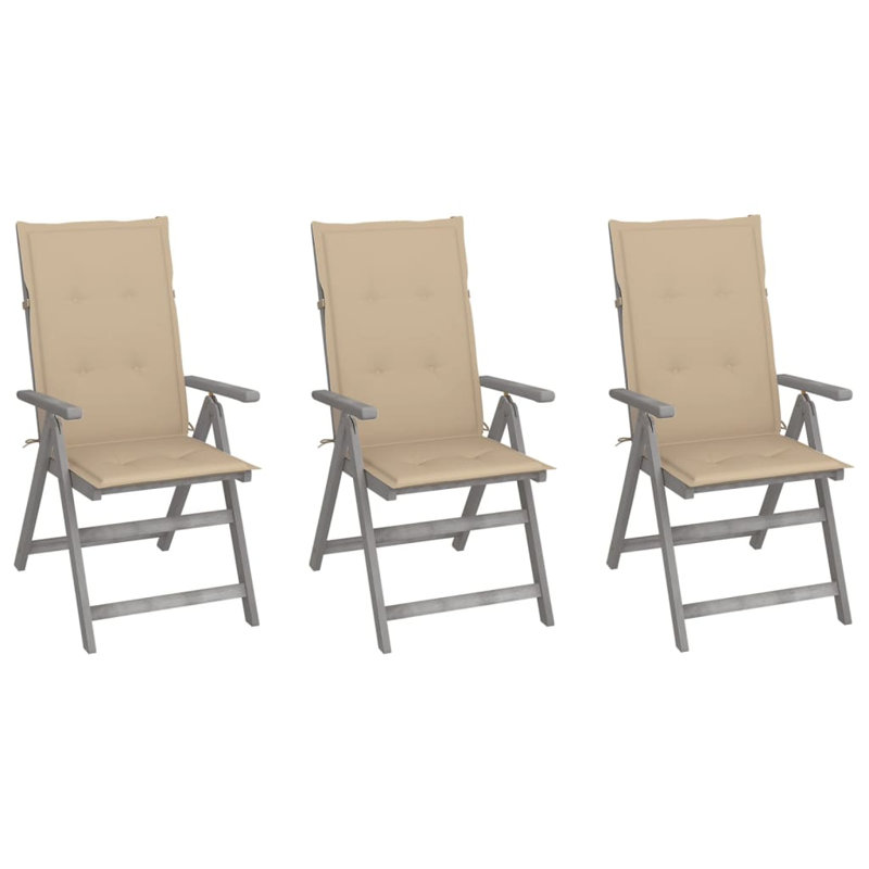 Chaise de patio avec coussin en teck, 3, Beige, Gris