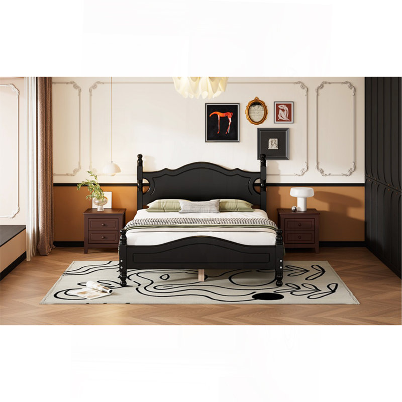 Structure de lit double en bois pleine grandeur, lit plateforme de style rétro avec support en lattes de bois, noir