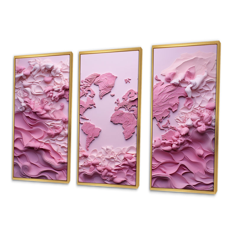 Ensemble de salon art mural rose carte du monde - carte du monde, H 32 po x l 48 po x P 1 po, Cadre flottant doré