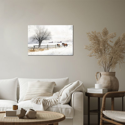 Grande scène hivernale sur toile - peinture de paysage de neige de grange de Noël, reproductions de photo de chevaux de ferme, affiche de vacances rustique pour le salon, cuisine, art mural mural, prêt à être accroché, 18 po x 24 po