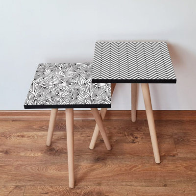 Modern Nesting Table Set (2 Pieces), Black & White Geometric Design, 13.8 x 18.5 x 13.8 in | 100% MDF with Beech Wood Legs, Elegant & Space-Saving Solution for Living Room & Office, Stylish & Functional Decor