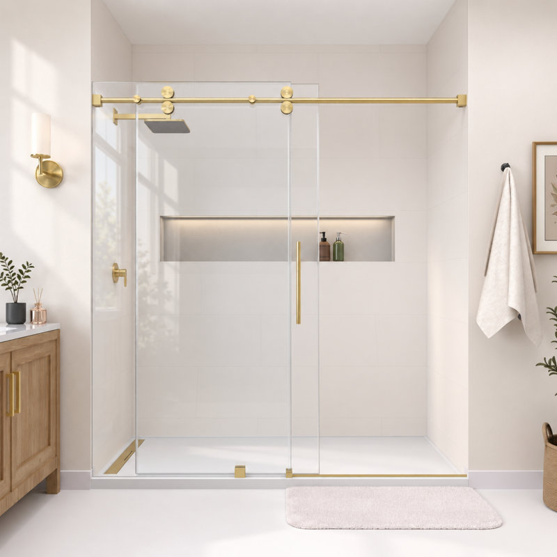 Porte de douche coulissante simple sans cadre en verre brossé de 3/8 po x l 56 po x H 60 po Radiance, Brushed Gold
