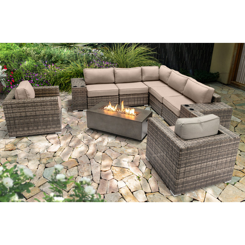 Lsi Fully Assembled 6 Person Seating Group With  Sunbrella Cushions And Concrete Firepit, Sunbrella Beige