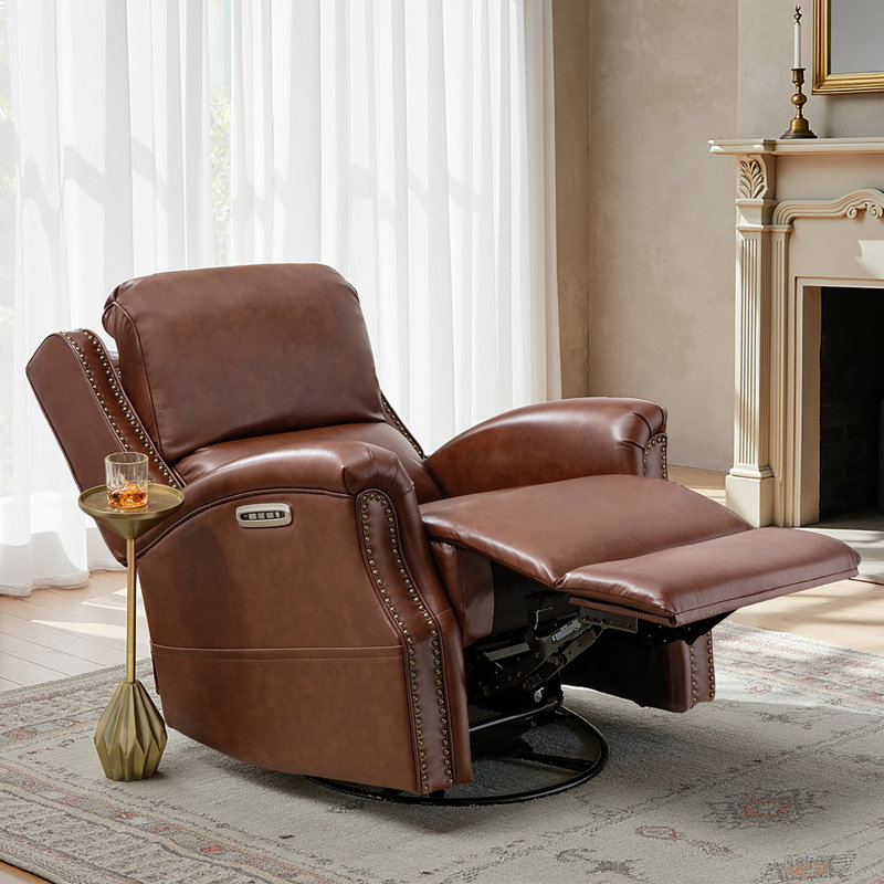 Bouton Traditional Genuine Leather Power Swivel Glider Recliner, Brown