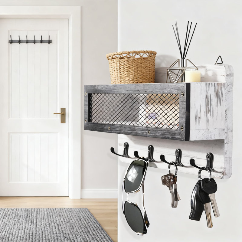 Organisateur de courrier mural et porte-clés avec 4 crochets doubles, décoration d'entrée en bois massif rustique pour clés, courrier et articles essentiels