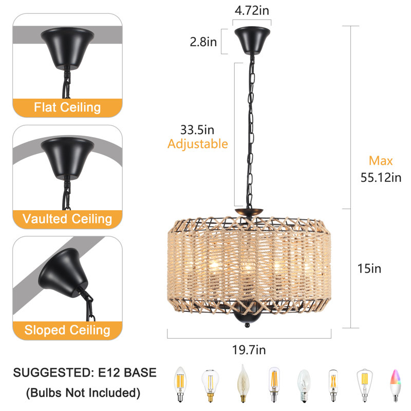 5 - Light 20 inch Bohemian Drum Chandelier with Hemp Rope Natural Hand-Woven Shade