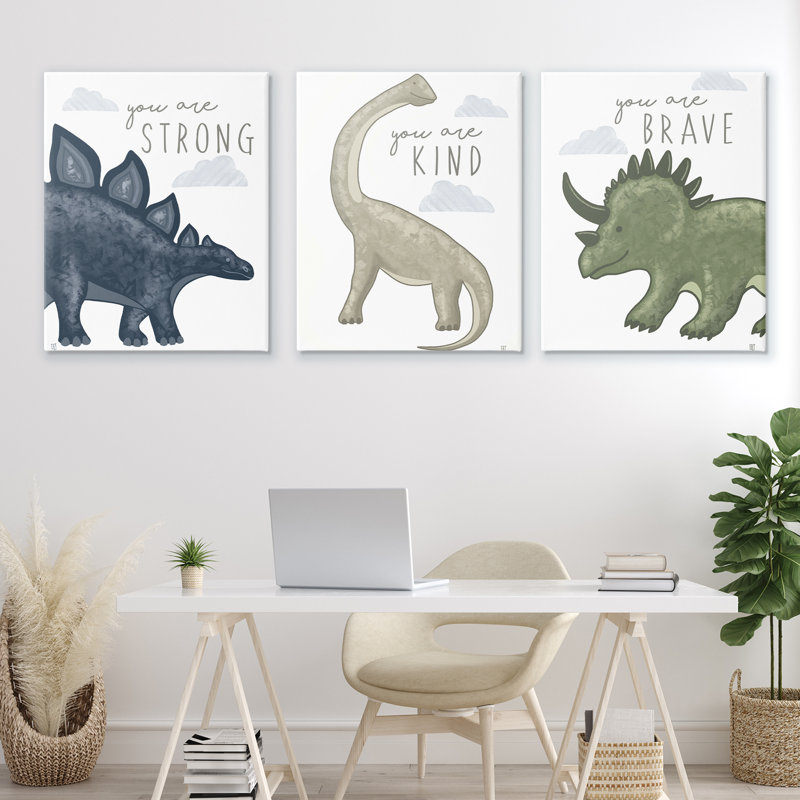 «Hopeful Encourageant Dinosaurs», ensemble de 3 toiles, conception par Elizabeth Tyndall, H 30 po x l 24 po