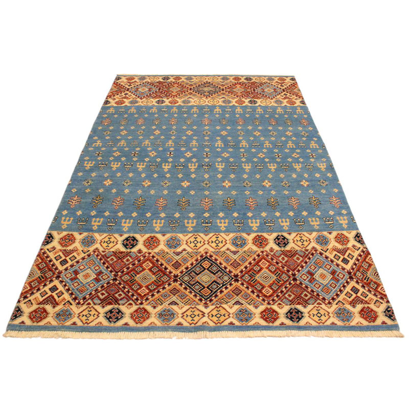 Tapis rouge / beige en laine noué à la main à motif géométrique 5 pi 4 po x 7 pi 10 po Lovorko