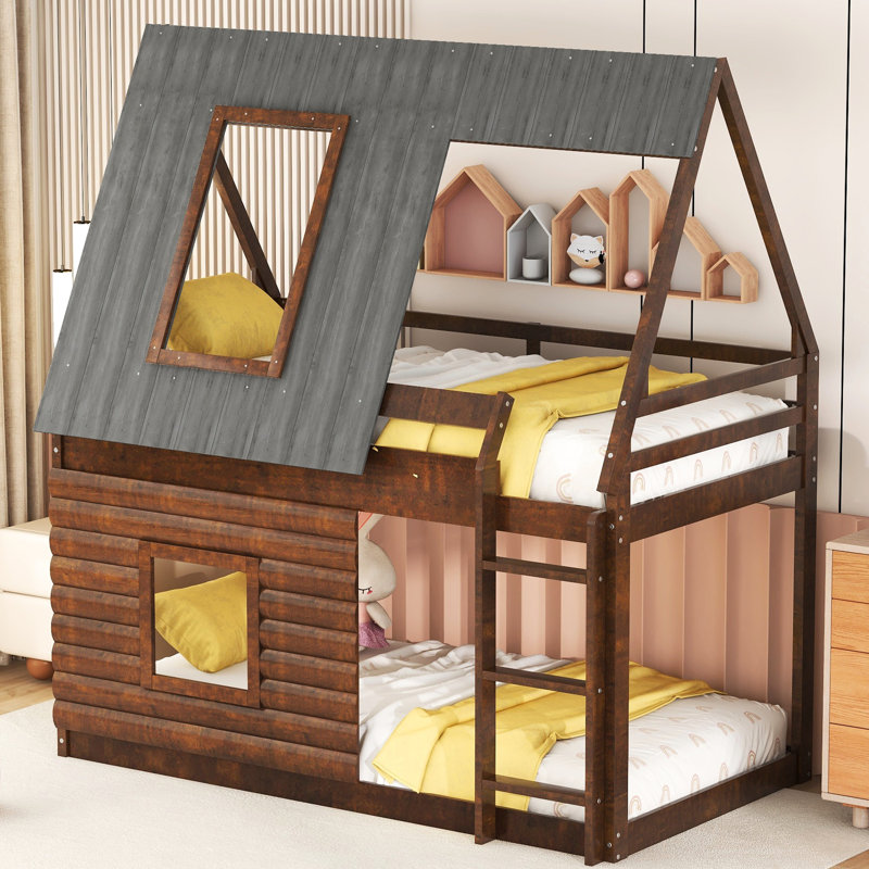 Lit superposé simple avec toit et 2 fenêtres - Chêne et gris fumé, fabrication en bois pour la chambre à coucher