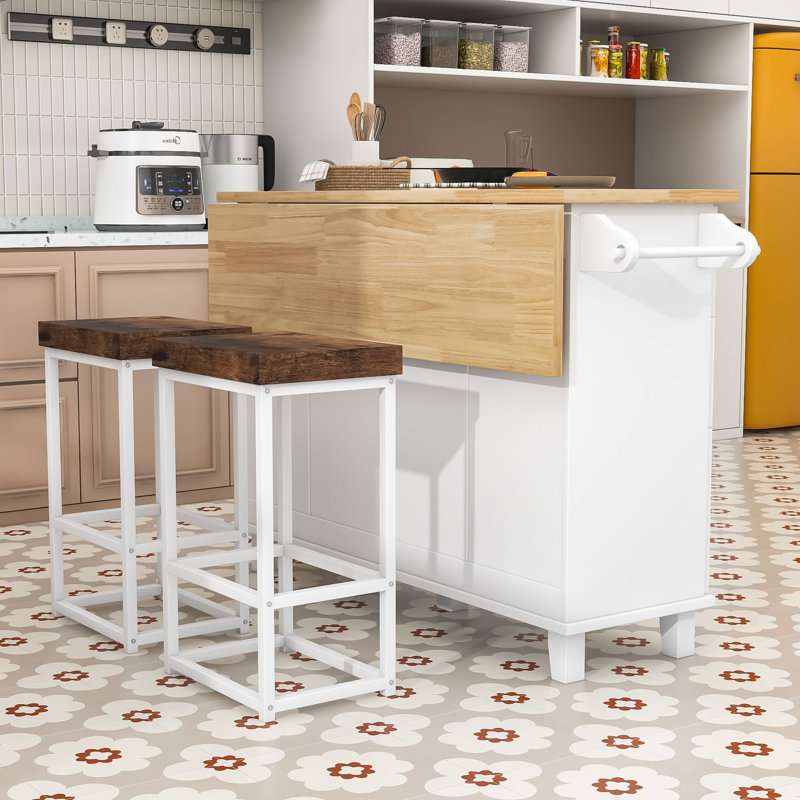 Adda Rustic Storage Kitchen Island Set with Expandable Drop-Leaf Tabletop and 2 Stools, White