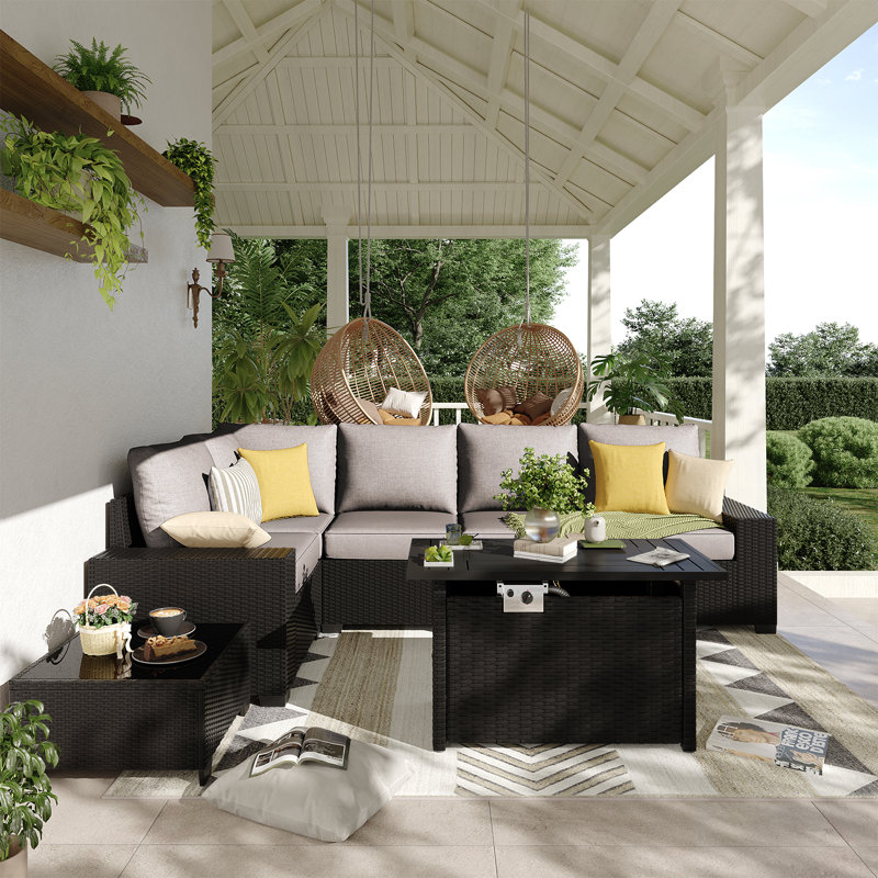 7-pieces Patio Furniture Set With 44" Propane Gas Fire Pit Table, Gray, Black
