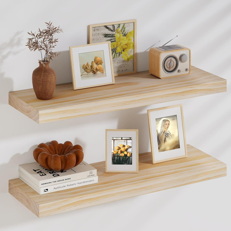Tablettes flottantes en bois de pin massif, l 36 po x P 9,3 po, fixation murale robuste, bois naturel brut