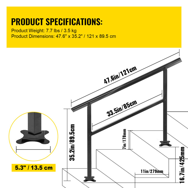 Rambarde d'escalier extérieur 47,6 x 35,2 pouces, réglable de 0 à 30 degrés, compatible avec 3 à 4 marches