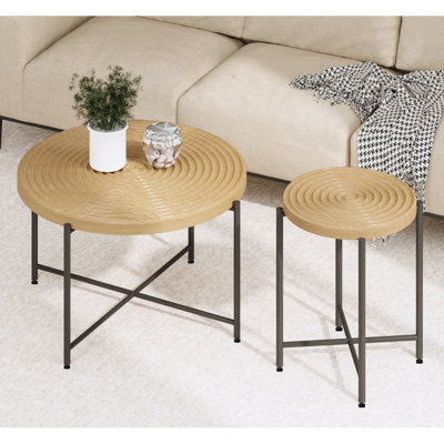 Ensemble de 2 tables basses et tables de bout - Panneau de fibres à densité moyenne imperméable avec revêtement en PVC, conception cylindrique vieillie, pieds en métal noir - charme rustique classique, bois technique