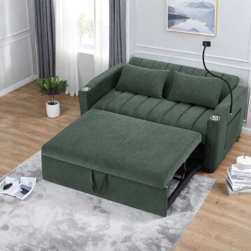 Canapé-lit vert polyvalent avec ports USB, confort de salon moderne