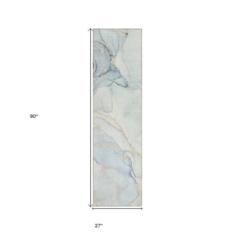 8' Runner Beige and Blue Abstract Washable Non Skid Indoor Outdoor Runner Rug