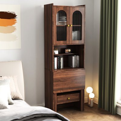 Walnut Home Office Desk With Fold-Out Option - Shelf And Drawer Storage Work In For Functionality