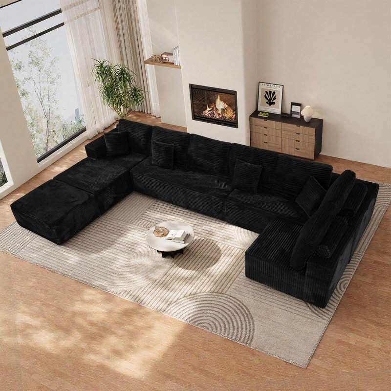 Boneless Adame 177"W Modular 8 Seats Upholstered Cloud Sectional Sofa With Ottomans, Black Corduroy