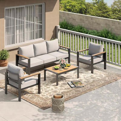 5-Seat Aluminum Patio Conversation Set with Thick Washable Cushions & Coffee Table – Outdoor Sectional for Porch, Balcony, Deck, Yard