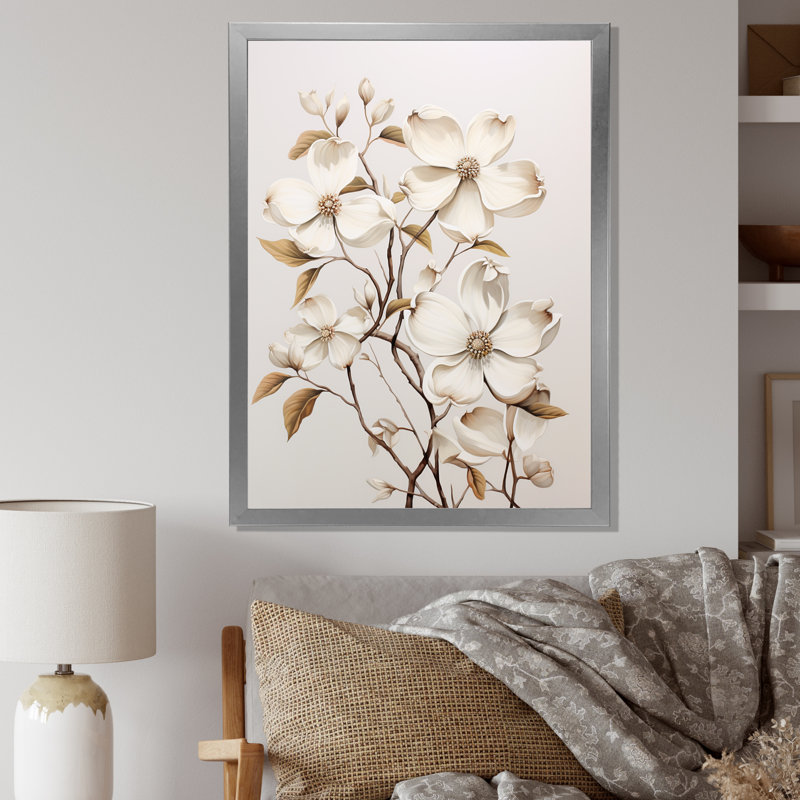 Paysage de cornouiller blanc en V sur toile, Cadre simple argenté, H 40 po x l 30 po x P 1,5 po