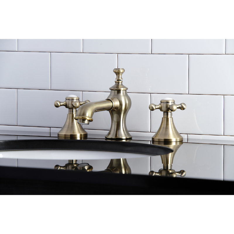 Kingston Brass English Country Two-Handle 3-Hole Deck Mount Widespread Bathroom Faucet with Brass Pop-Up Drain, Vintage Brass