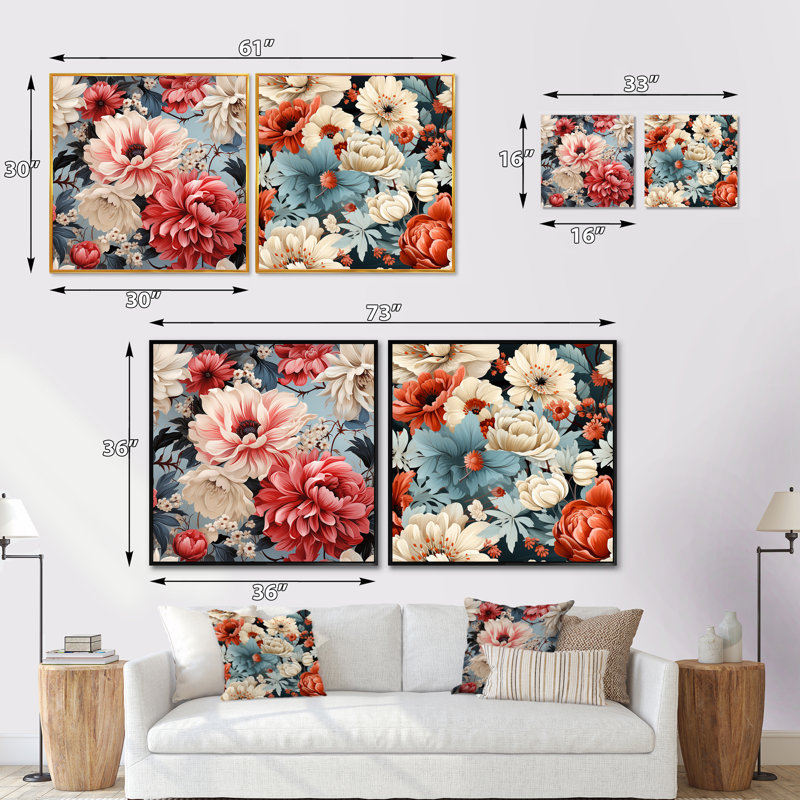 Corrine - Ensemble de 2 collages floraux carrés, Cadre flottant noir, H 30 po x l 61 po