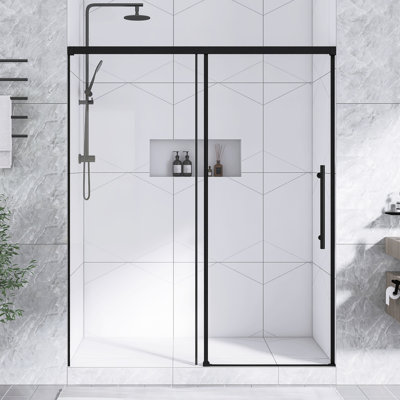 60 po L 72 po x H 72 po. Porte de douche coulissante simple noir mat | Verre fixe de 5 mm et verre coulissant de 6 mm sans cadre | Verre trempé transparent, poignée en acier inoxydable, poulie cachée, réglage maximal de 4 po