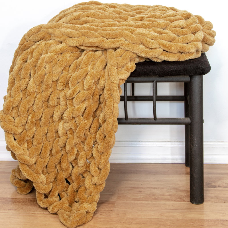 Chunky Gold Chenille Knitted Reversible Throw Blanket