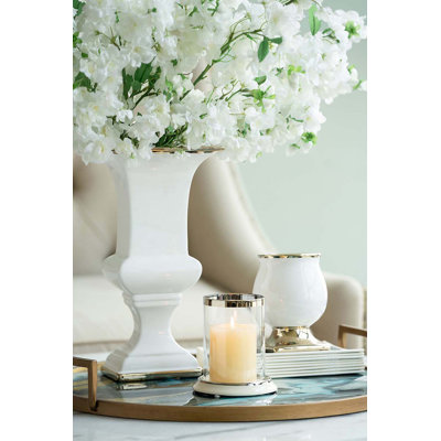 14” White Ceramic Urn Vase with Metallic Gold Accents, Modern Decorative Flower Vase for Tabletop, Mantel, or Centerpiece
