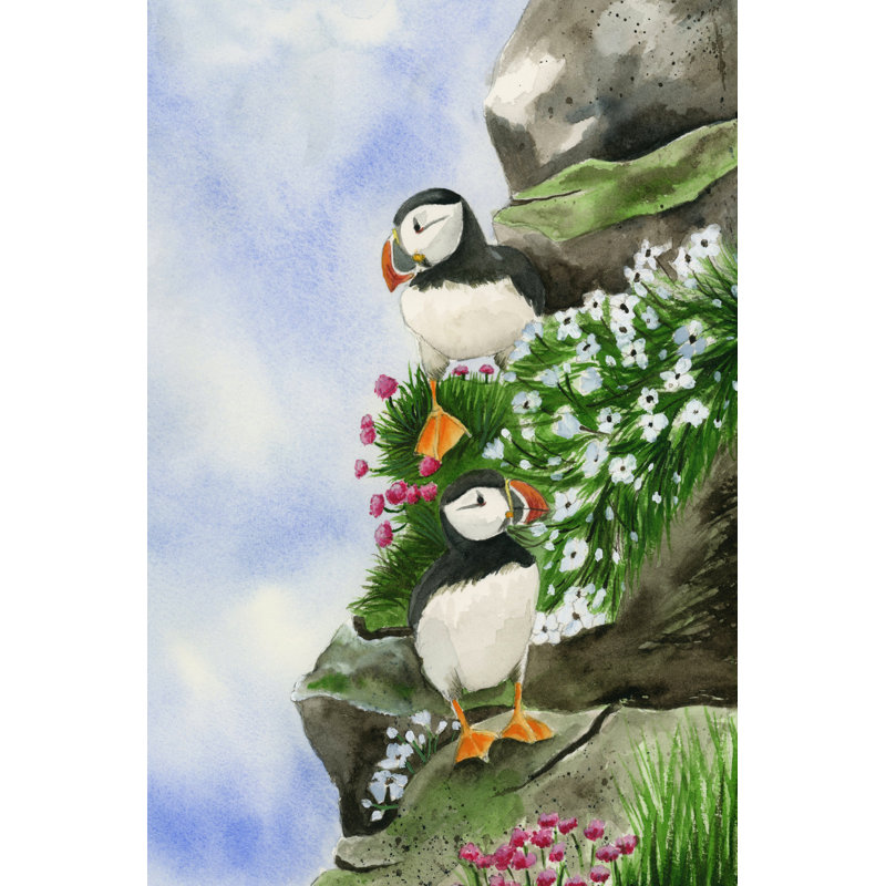 " Puffins " by Leah Tedesco, No Mat, Wrapped Canvas, 18" H x 12" W