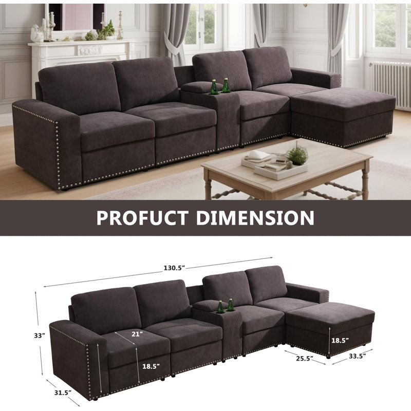 131" Wide 6-Piece Flannel Configurable Living Room Modular Corner Sectional With Ottoman, Brown