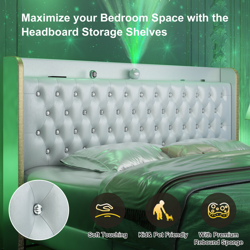 Modern Wingback Upholstered Platform Bed Frame With Galaxy Projector & USB Charging Port, LED Bed Frame With Adjustable Headboard, Easy Assembly, Heavy-Duty Steel Slat Support, No Box Spring Needed, Keyt