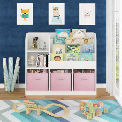 Kids Bookcase and Bookshelf, Multifunctional Bookcase with 3 Collapsible Fabric Drawers, Bookcase Display Stand, Toy Storage Organizer for Bedroom, Pl