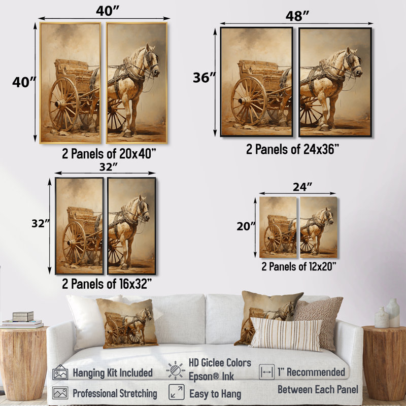 Minimalisme, vieille charrette américaine avec cheval - art mural beige, H 32 po x l 32 po, Framed Print without Mat, Noir