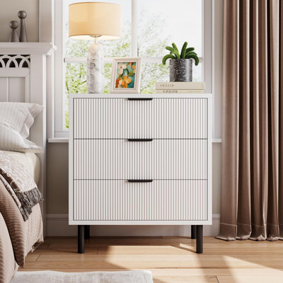Fluted 3 Drawers Dresser, Modern Chest of Drawers with Metal Legs, Wood Nightstand with Storage and Anti-Tipping Device, Drawer Organizer for Bedroom, Hallway, Entryway