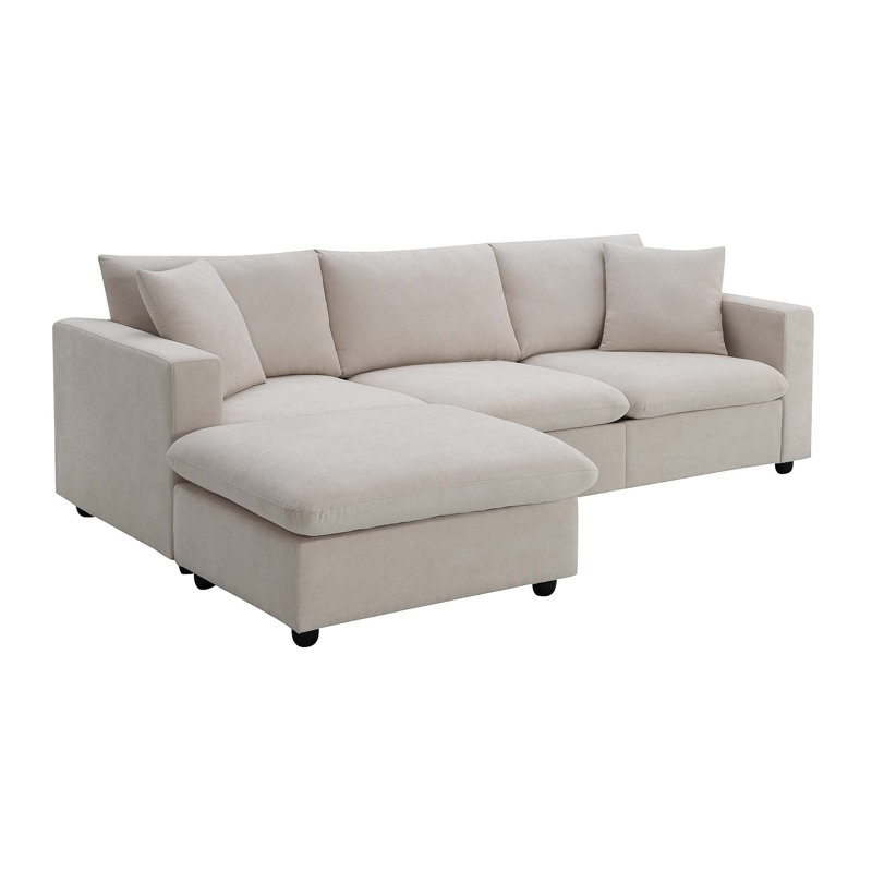Comfortable Polyester Sectional Sofa with Movable Ottoman and Sturdy Frame, Beige