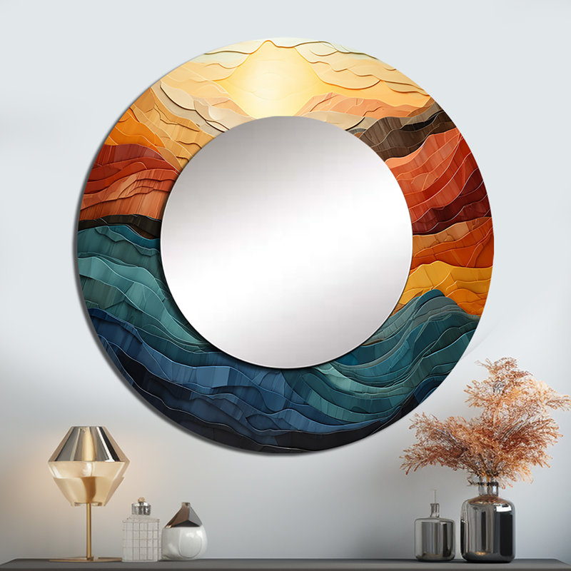 Corail bleu sarcelle audacieux paysage de montagnes - miroir décoratif montagnes, grand miroir mural rond corail, art imprimé en métal
