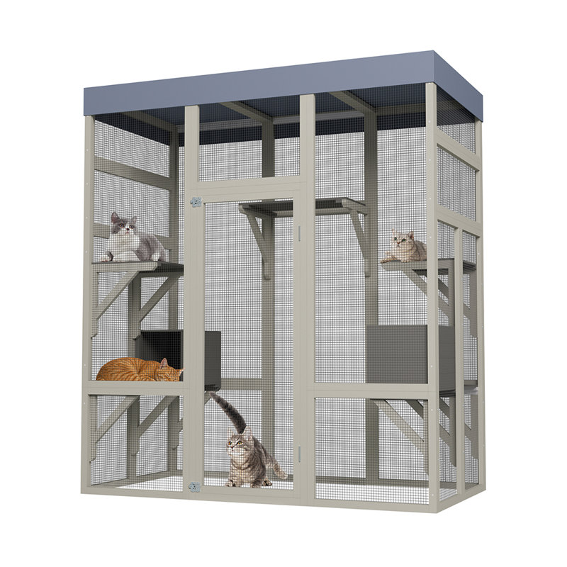 Grande clôture pour chat d'extérieur en bois Catio, cage pour chat avec housse imperméable, plateformes de saut et 2 boîtes de repos, abri pour chat extérieur résistant aux intempéries pour plusieurs chats