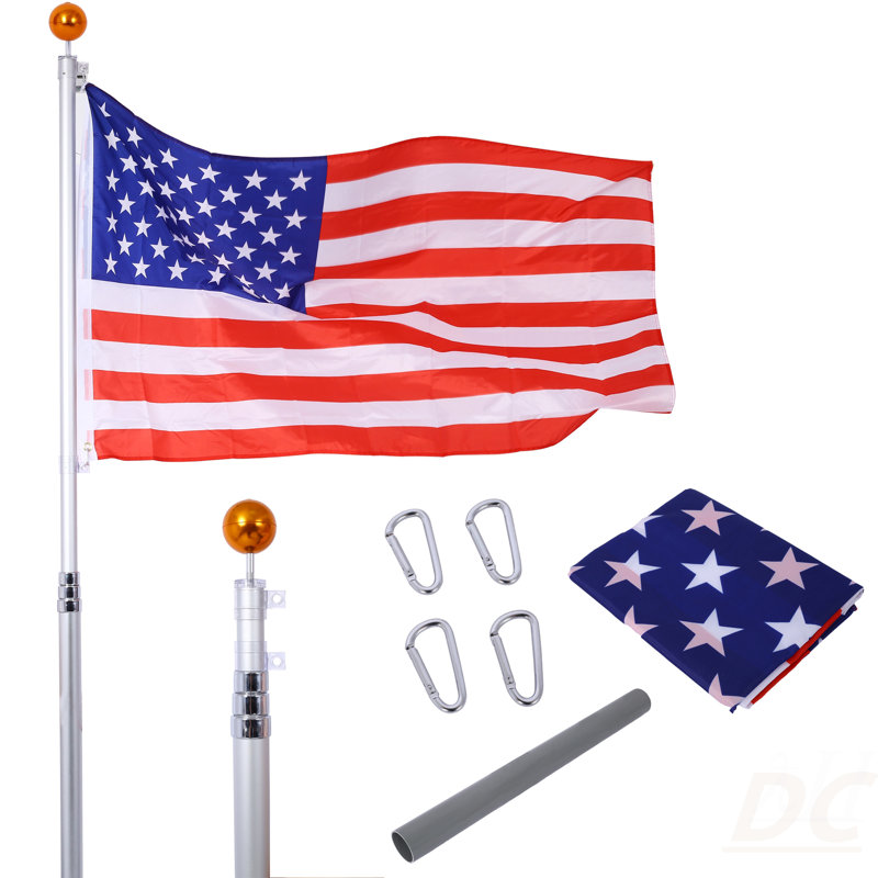Ensemble de mât de drapeau télescopique de 16 pi, ensemble de poteaux de drapeau modulaire, mât de drapeau en aluminium très épais et épais, mâts de drapeau extérieurs enterrés avec boules décoratives pour cour, résidentiel ou commercial