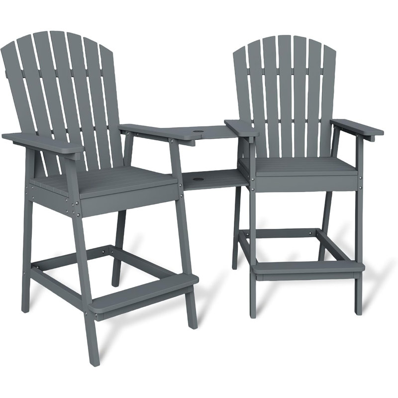 Set of 2 Outdoor Adirondack Barstools with Connecting Tray, Tall Adirondack Chairs Bar Chairs for Deck, Balcony, Backyard, Patio Bar Stool Chair with High Back