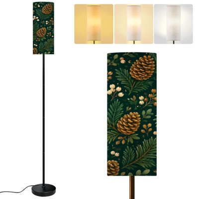  68.5" Standing Floor Lamp Seamless Pine Cones Evergreen Foliage Sparkling Dimmable Metal Pole Lamp with Linen Lampshade LED Bulb Included