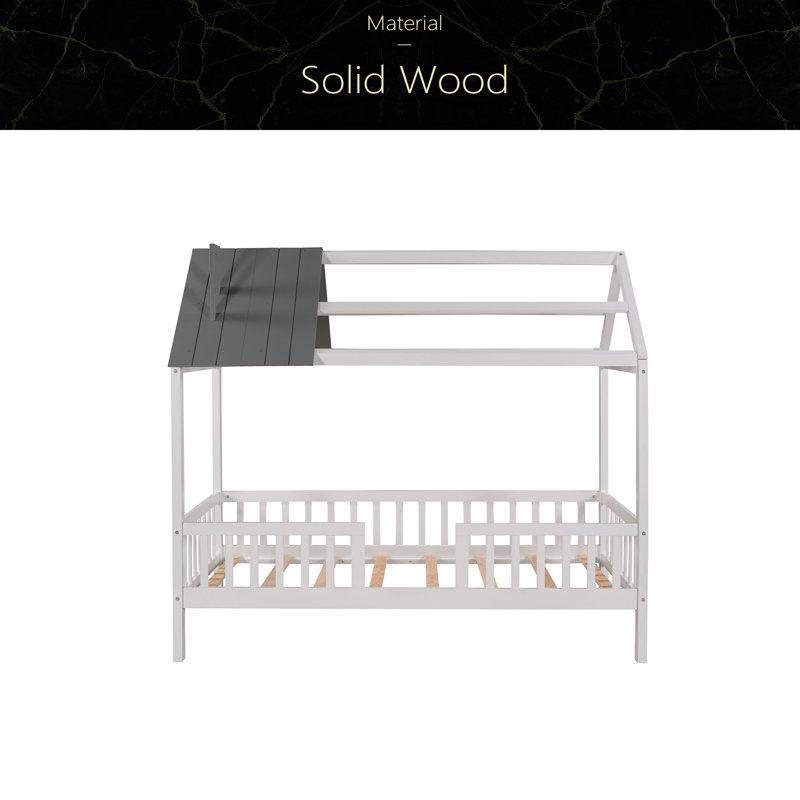 Twin Size Wood House Bed With Fence, Gray; White