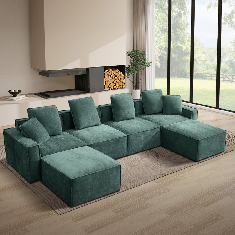Canapé modulaire rembourré 6 pièces en U avec repose-pieds et canapé 6 pièces, Mélange de polyester vert