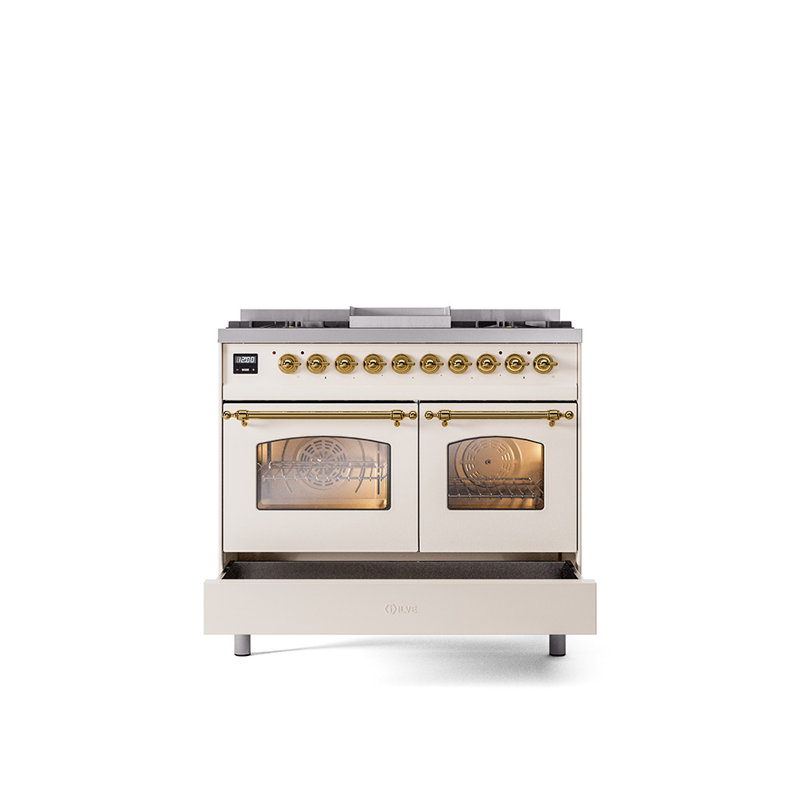 ILVE Nostalgie II 40 in Dual Fuel Range, Antique White/Brass, Liquid Propane