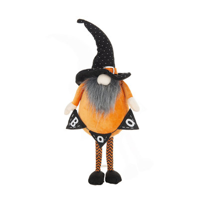 6.3X4.3X16" Fabric Standing Orange Gnome W/Black Gnome & Holding Banner, For Halloween Decor