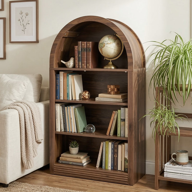 Small Black Bookcase Arched Bookshelf, Walnut