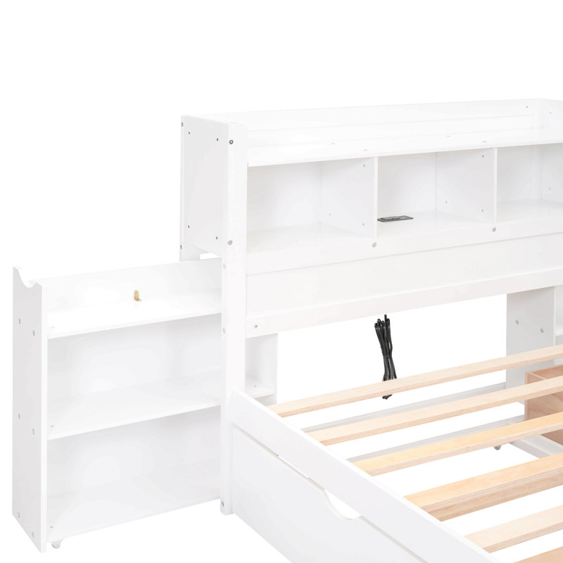 Lit plateforme pleine grandeur avec tablettes coulissantes, lit gigogne simple et 2 tiroirs, Blanc