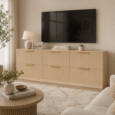 Natural Wood Sideboard Buffet Cabinet with 6 Slatted Doors, Adjustable Shelves & Large Storage Compartments, Farmhouse Coffee Bar Cabinet for Kitchen, Dining Room, Living Room, Entryway & Office