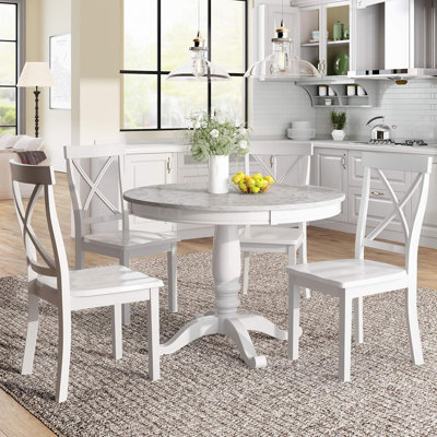 Ensemble de table de salle à manger ronde pour 4, ensemble de table de cuisine en faux marbre 5 pièces avec 4 chaises, table de ferme et ensemble de chaises pour cuisine, salle à manger, petit espace, blanc