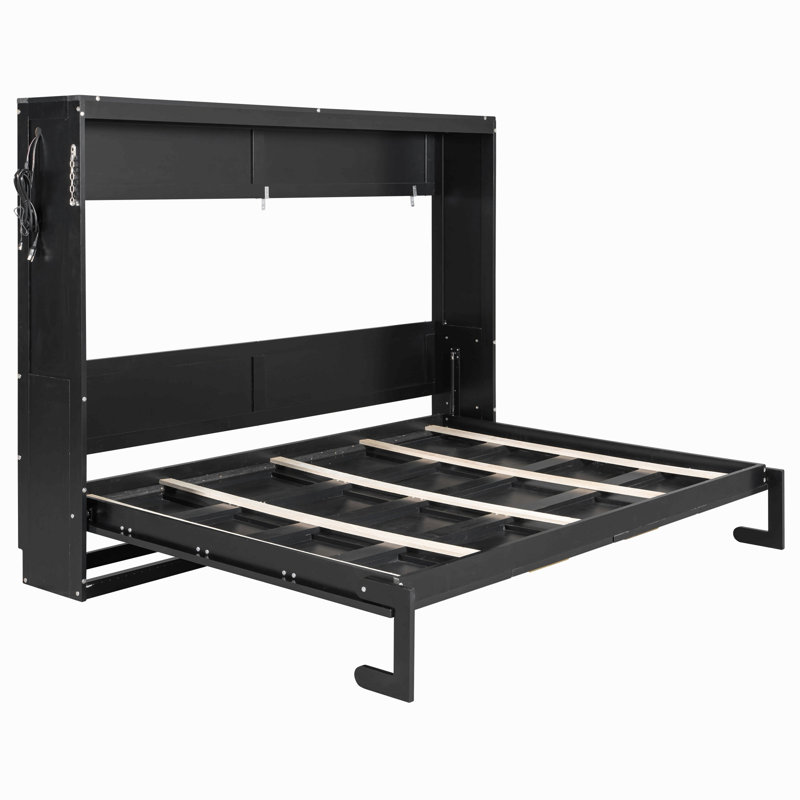 Lit escamotable moderne pliant sur le côté avec motif imprimé tendance, éclairage DEL sous le lit et prise USB intégrée, Noir